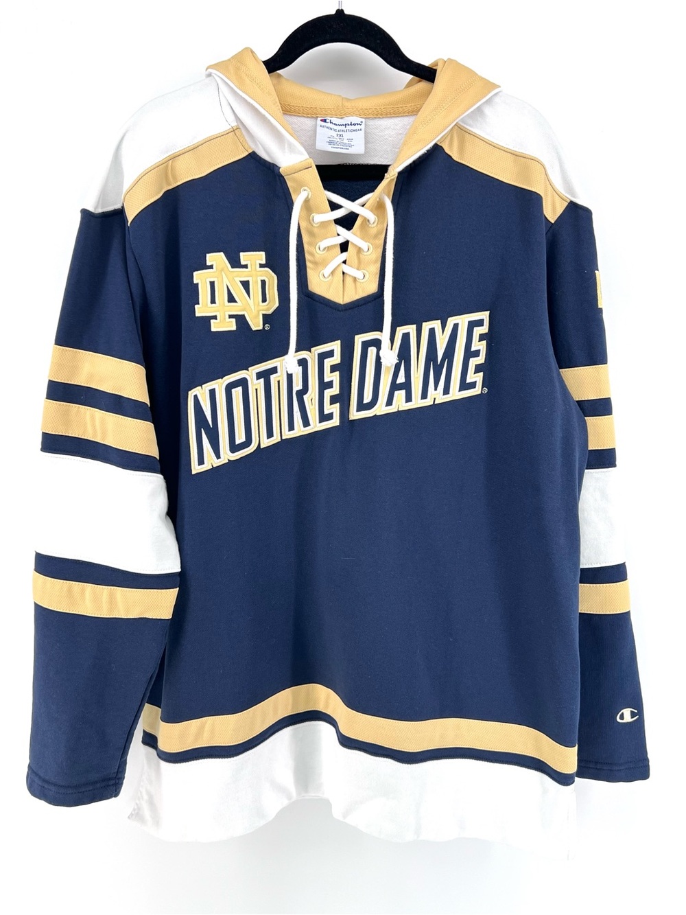 NOTRE DAME Hockey Jersey Fleece Hoodie CHAMPION 2XL #42 Authentic Irish Pullover